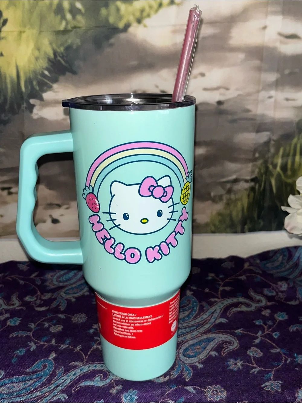 Hello Kitty Aqua Travel Tumbler with Pink Accents and Handle 40oz